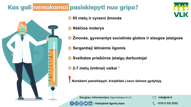 Kas gali nemokamai pasiskiepyti nuo gripo VLK infografikas